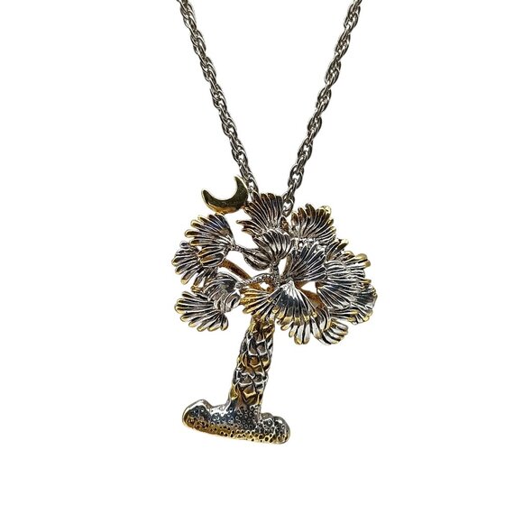 Vintage BEST Two-Tone Palm Tree Pendant Brooch on Silver Tone Rope Chain Necklac - Picture 3 of 4